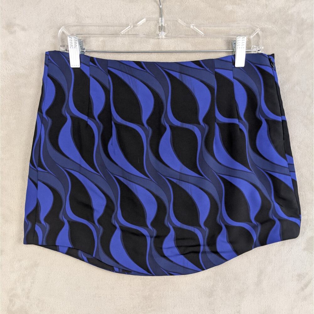 Zara Blue Black Geometric Swirl Mini Skirt Large Satin Retro Futurism Side Zip